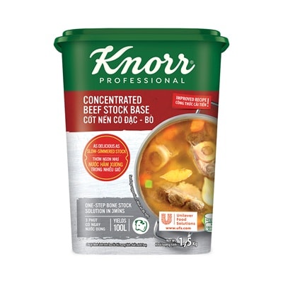 Knorr Cốt Nền Cô Đặc Bò 1.5kg - Có ngay nước dùng đậm đà vị thịt bò mà vẫn tiết kiệm chi phí với Cốt Nền Cô Đặc Bò Knorr Professional